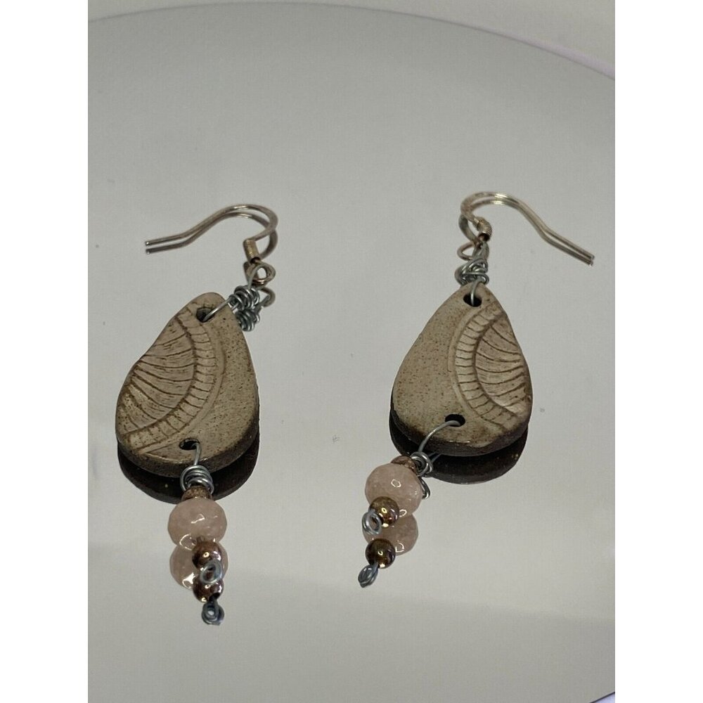Vintage Handmade Ceramic Shell Fossil Earrings Dangle with Beads Teardrop Shape